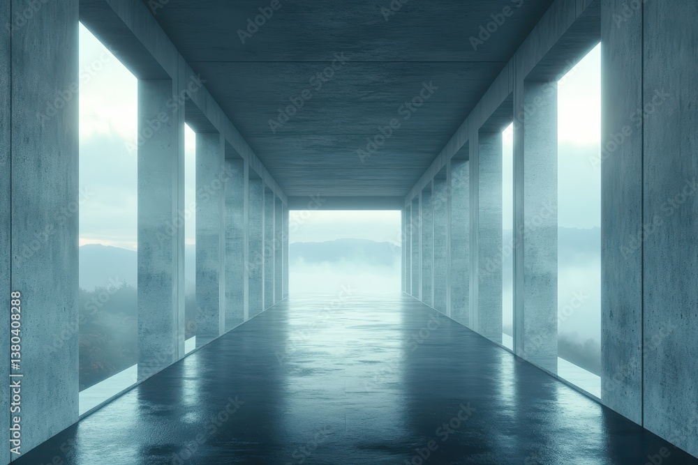 Poster Long Concrete Tunnel Perspective with Foggy Cityscape Background and Reflective Wet Floor in Modern Architecture Style
