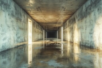 Long Concrete Hallway with a Wet Floor Featuring Minimalist Design Daylight and Underground Tunnel Perspective