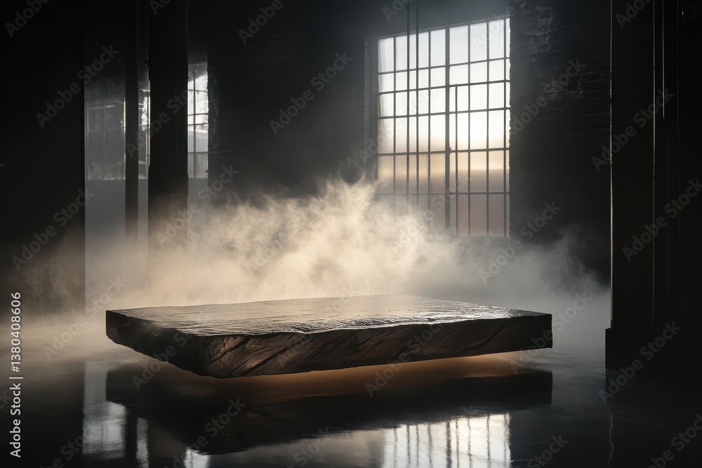 Poster Minimalist Dark Room with Floating Platform Illuminated by Soft Light and Mists Creates an Ethereal and Abstract Interior