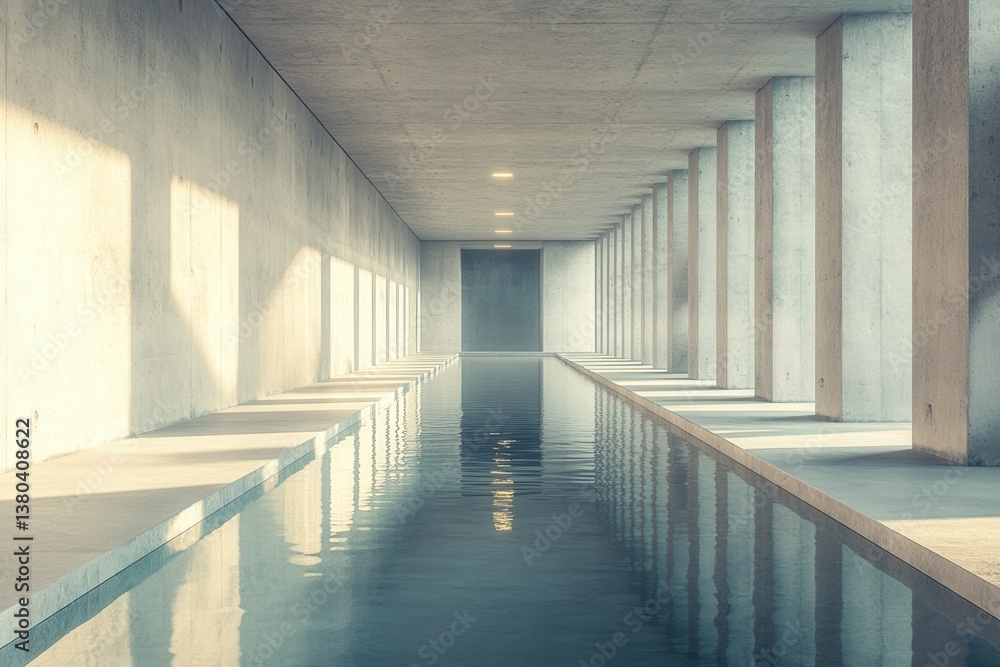 Aufkleber Minimalist Concrete Tunnel with Water Reflection Modern Architecture Design Smooth Gray Walls with Geometric Patterns and Interior Light