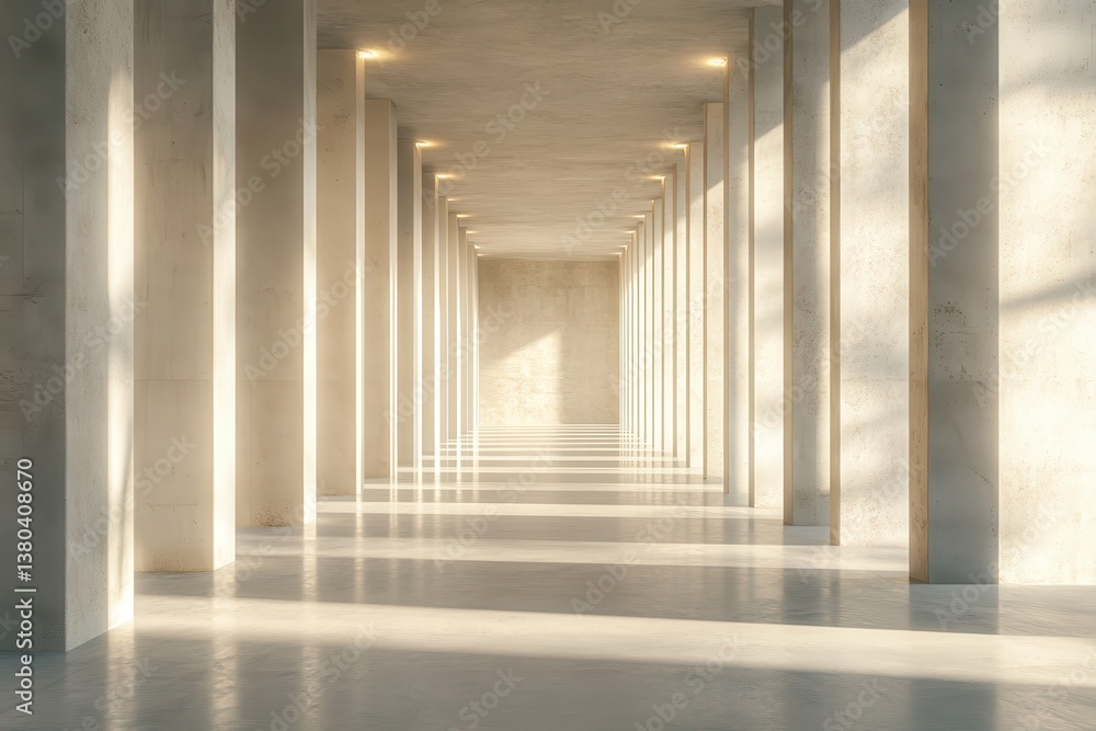 Fototapete Modern Concrete Hallway with Light and Shadow in a Building Interior Architecture Design and Minimalist Geometric Columns with Parallel Perspective