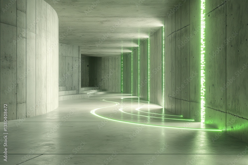 Fototapete Modern Concrete Hallway with Green Neon Lights Circular Patterns in Architectural Building with Geometric and Minimalist Design in Urban Space