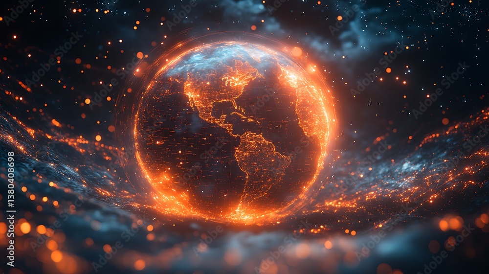 Aufkleber futuristic digital globe emitting holograms and streaming data arcs, intentionally leaving the top-r
