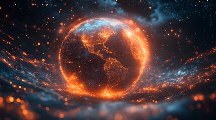 Futuristic digital globe emitting holograms and streaming data arcs, intentionally leaving the top-right area open for inserting custom messaging or logos.