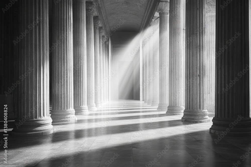 Fototapete Monochrome Hallway with Classical Stone Columns and Symmetrical Perspective in Dramatic Light and Shadow Creating a Timeless Architectural Design