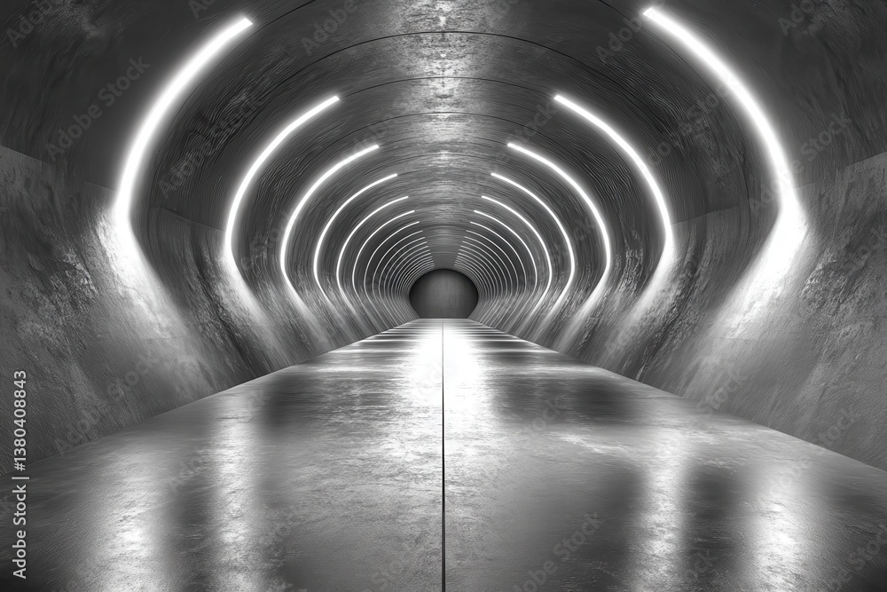 Aufkleber monochrome tunnel with symmetrical lighting and metallic texture creating futuristic architectural i