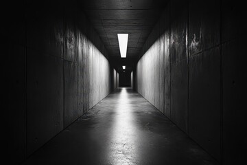 Monochrome Hallway with Geometric Pattern and Dim Lighting in an Underground Tunnel Dark Abstract Architecture Building Interior with a Sense of Perspective and Geometric Design