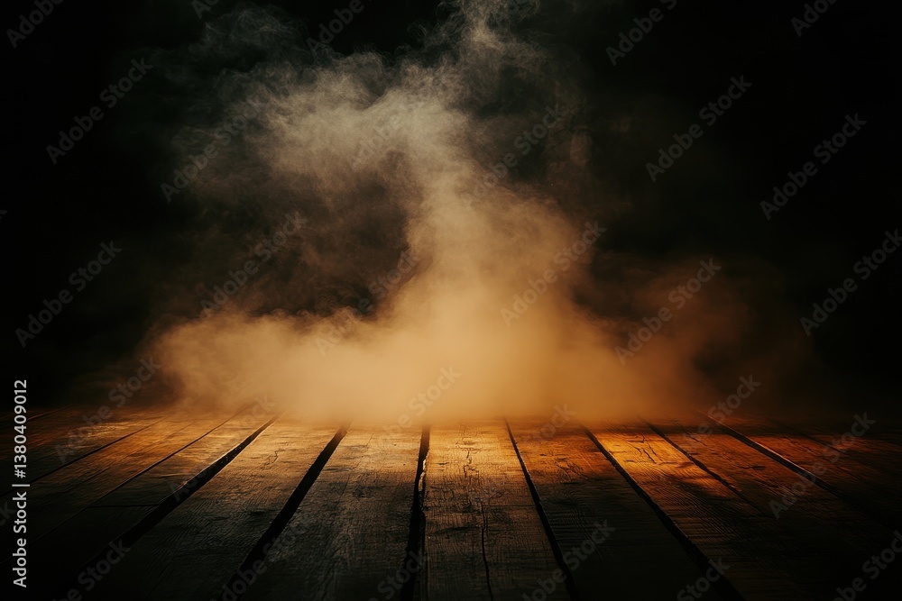 Poster mysterious vaporous smoke on a dark brown plank floor creates an eerie atmosphere with abstract grai