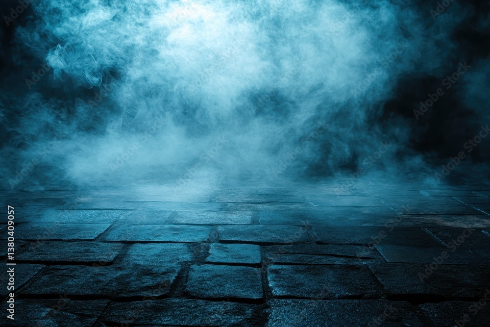 Aufkleber mystical blue smoke over cobblestone floor with eerie foggy atmosphere and dark stone texture in abs
