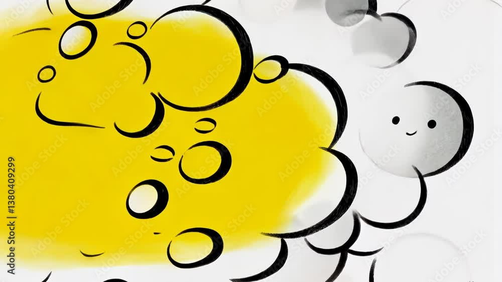 Poster a yellow and white background with a bunch of bubbles. the bubbles are in different sizes and shapes