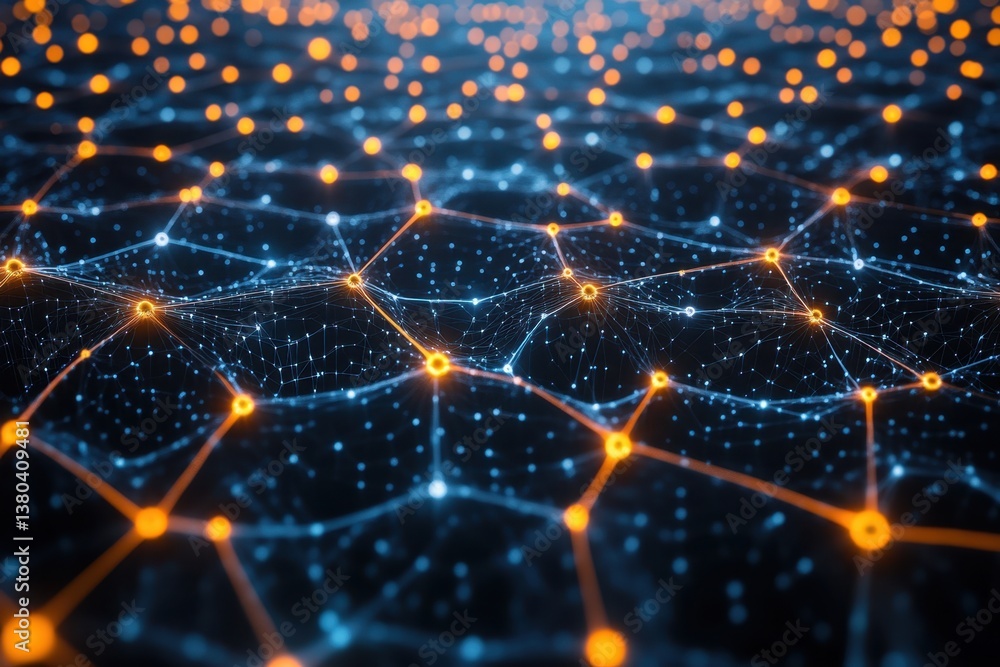 Poster digital network of interconnected nodes illuminated in orange and blue tones