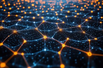 Digital network of interconnected nodes illuminated in orange and blue tones