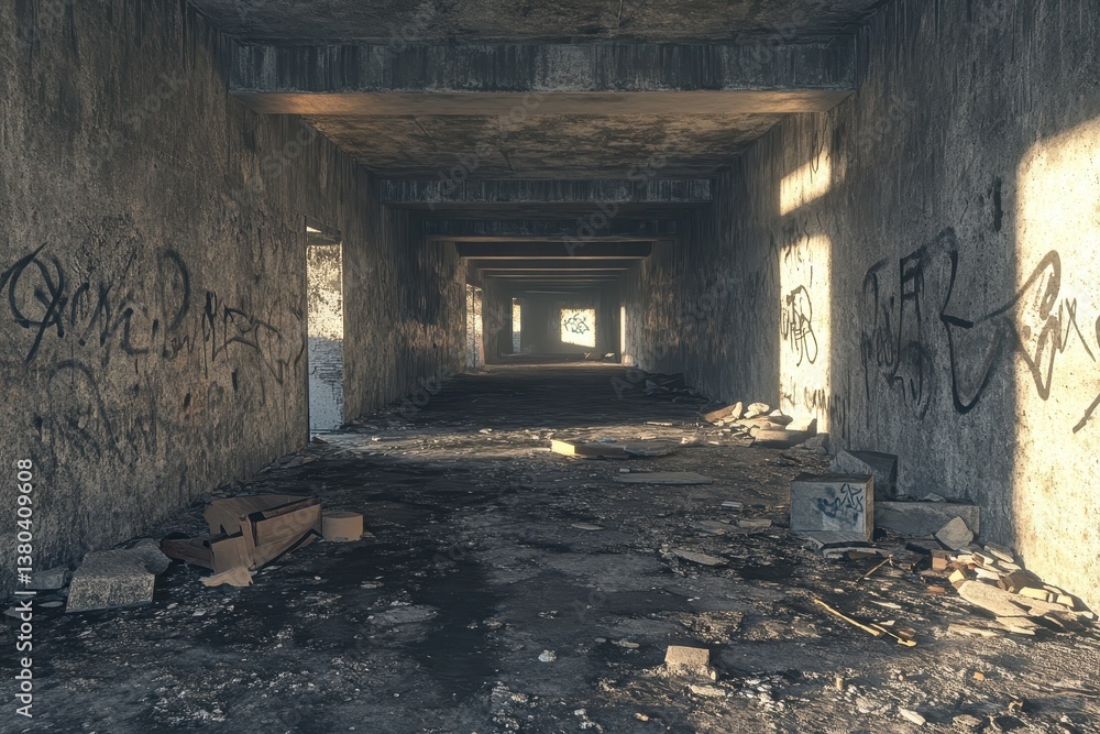 Aufkleber sunlit view through a concrete urban tunnel with graffiti on weathered walls and rubble debris on th