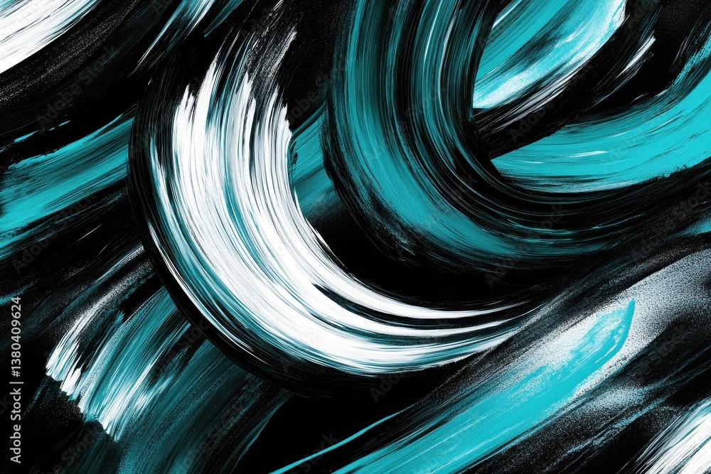 Aufkleber swirling brush strokes of cyan and white paint on a black background abstract acrylic texture design