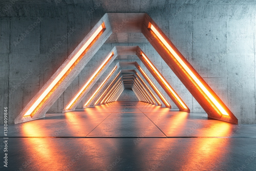 Aufkleber triangular concrete tunnel with orange light interior design with geometric perspective and reflecti