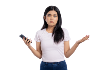 Confused young Asian woman holding smartphone, shrugging with uncertain expression, experiencing mobile problem or network issue, isolated on transparent background