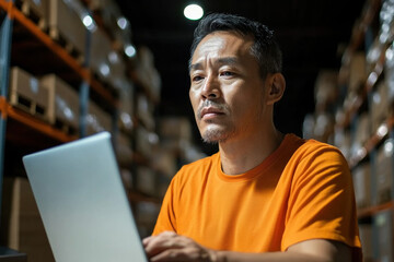 Efficient logistics expert focused on work, Asian man using laptop in warehouse environment, surrounded by shelves filled with boxes, showcasing dedication and concentration