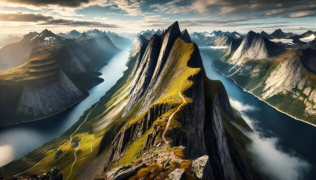 Segla mountain towering over a fjord in senja, norway, under a cloudy sky