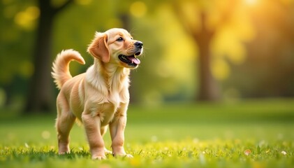 Golden Retriever puppy stands, tail wagging, playful pose , isolated, wagging tail, dog
