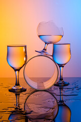 Abstract Glass Composition with Dramatic Lighting. Art Glass Still Life with Water Drops