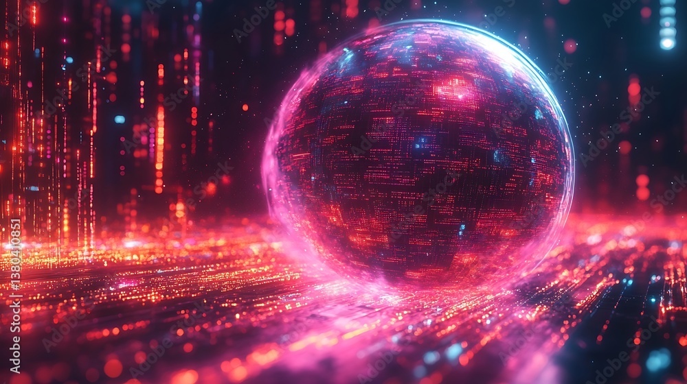 Poster a futuristic holographic globe with data streams wrapping around it, leaving the upper-right corner 
