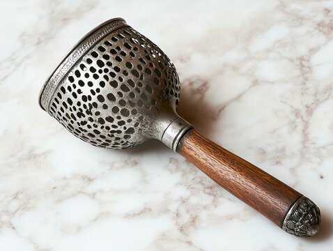 Antique Strainer with Wooden Handle Resting on a Marble Surface