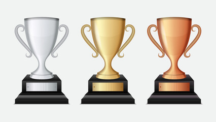 Champion Cup Vector Set: Blank Golden, Silver, and Bronze Trophies – Perfect for Sports Tournament Awards and Victory Designs