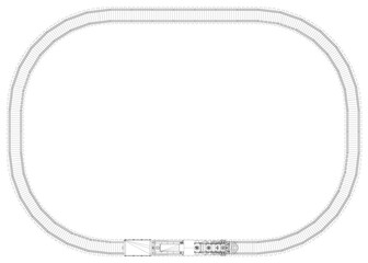 A train track is shown in a white background. The track is oval in shape and has a lot of detail