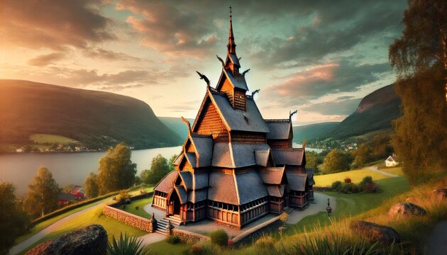 Hopperstad stave church shining in the sunset light in vikoyri, norway