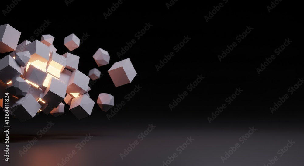 Aufkleber abstract 3d render of glowing cubes exploding in dark space: a digital art exploration