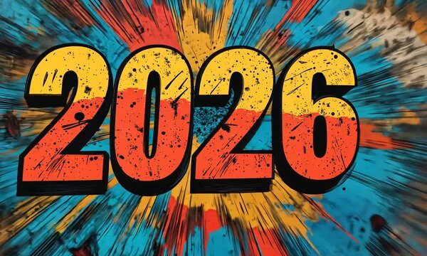 Colorful 2026 typography in comic style with paint splashes on abstract background. Concept of new year celebration and dynamic desi