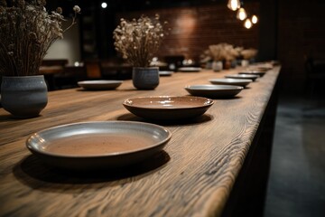 Fototapeta premium Long wooden table set with elegant plates, soft ambient lighting