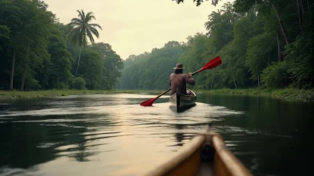 Hombre remando en canoa por r&iacute;o de la selva amaz&oacute;nica al atardecer