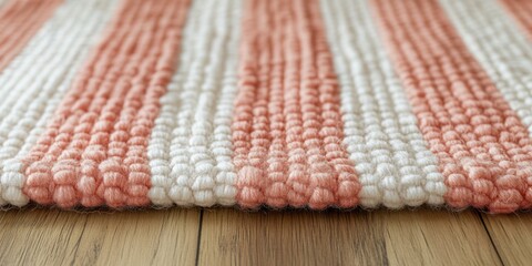 A close-up of a soft coral and white striped rug, with each thread and weave meticulously detailed, showcasing the texture