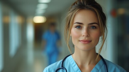 Fototapeta premium Healthcare professional in hospital hallway, stethoscope around her neck, smiling, wearing scrubs