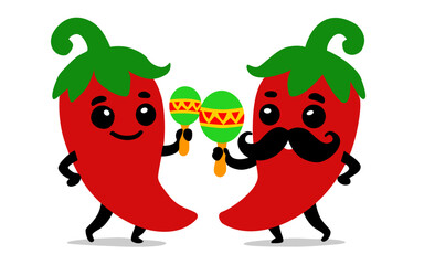Cute Chili Pepper Mascots with Mustache and Maracas – Cinco de Mayo Art