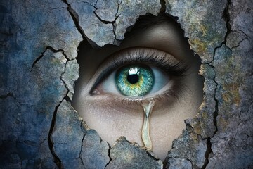 A tear rolling down a person cheek, with their reflection distorted in a cracked mirror