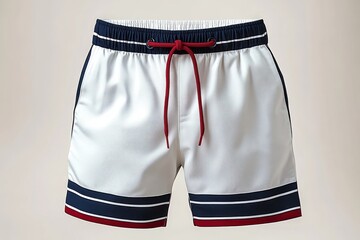 Stylish White Shorts with Red Drawstrings and Navy Blue Stripes on Isolated White Background
