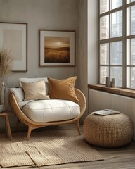 mock up poster frame in modern living room interior Scandinavian style 3D render minimalistic design