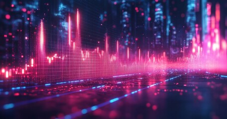 Futuristic Financial Growth Chart with Neon Lines on Dark Blue Background for Business Data Visualization and Stock Market Analysis