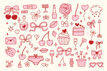 Set of hand drawn coquette elements for Valentines day, wedding invitation, birthday card. Cute girly bows, hearts, ribbons, cherry, cake, heart, strawberry. Vintage elegant vector illustration.