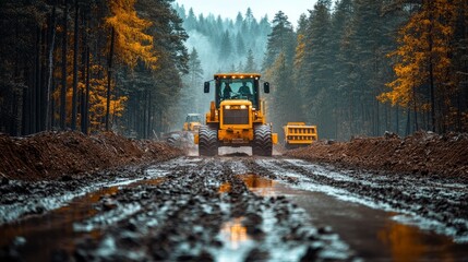 Heavy machinery clears a muddy path through a serene autumn forest