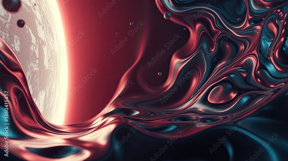 Poster abstract fluid texture with a planet in a space environment