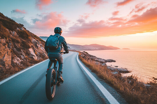 Man enjoying a scenic coastal ride on an electric bike during sunset