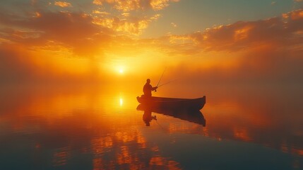 A lone angler casts his line from a small boat at sunrise, creating a serene mood over tranquil waters