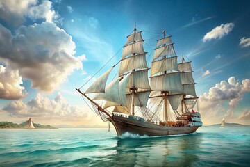 Majestic Sailing Ship at Sea: Calm Waters, Copy Space Left