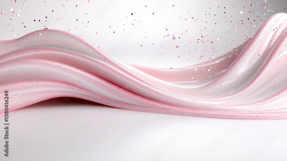 Poster abstract pink and white wave pattern with sparkling dots on a smooth surface, evoking elegance and c