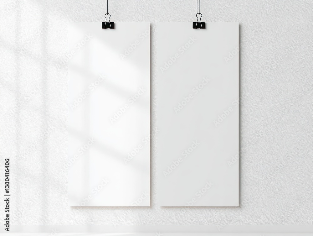 Poster minimalist blank poster template hanging on clips in scandinavian design style with clean background
