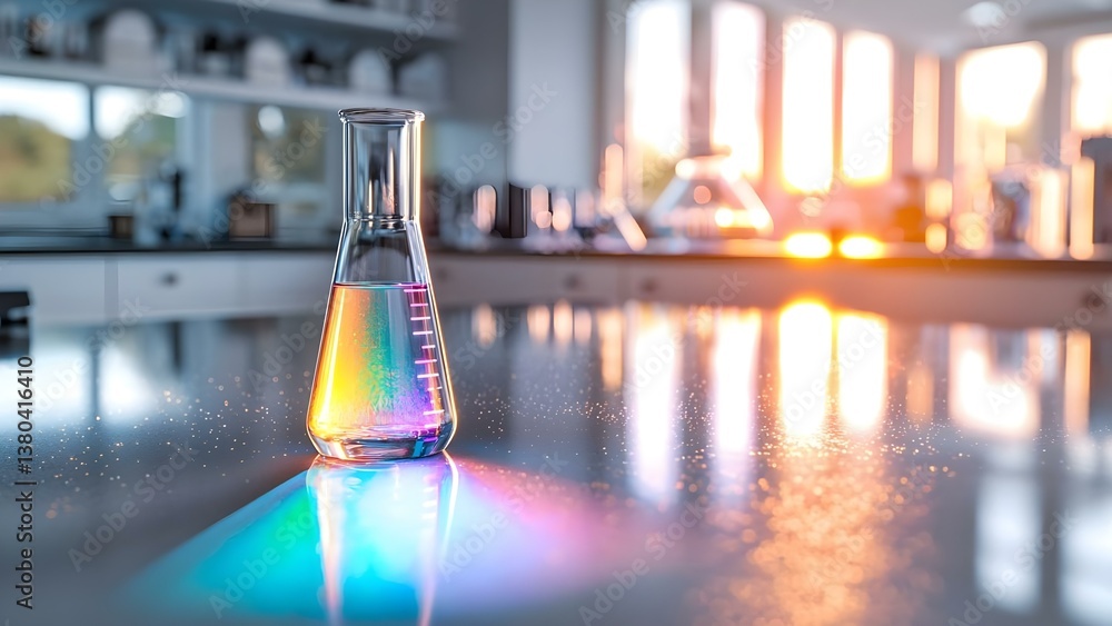 Poster a glass flask with colorful liquid, reflecting light in a laboratory setting with sunlight streaming
