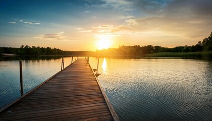 Fototapeta premium relaxing moment wooden pier on a lake with an amazing sunset